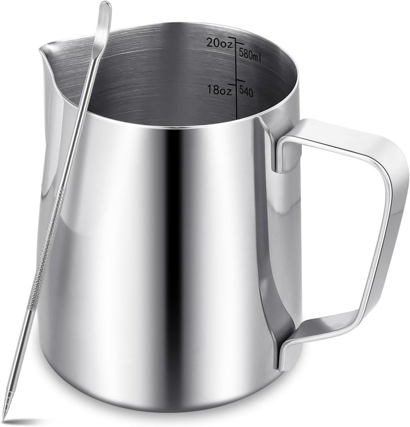 LifHap Milk Frothing Pitcher,Milk Steaming Frother Cup,Barista Cappuccino Latte Art Milk Jug with Decorating Pen,Stainless Steel Espresso Coffee Bar Accessories Tools (Silver, 20oz) - Image 1